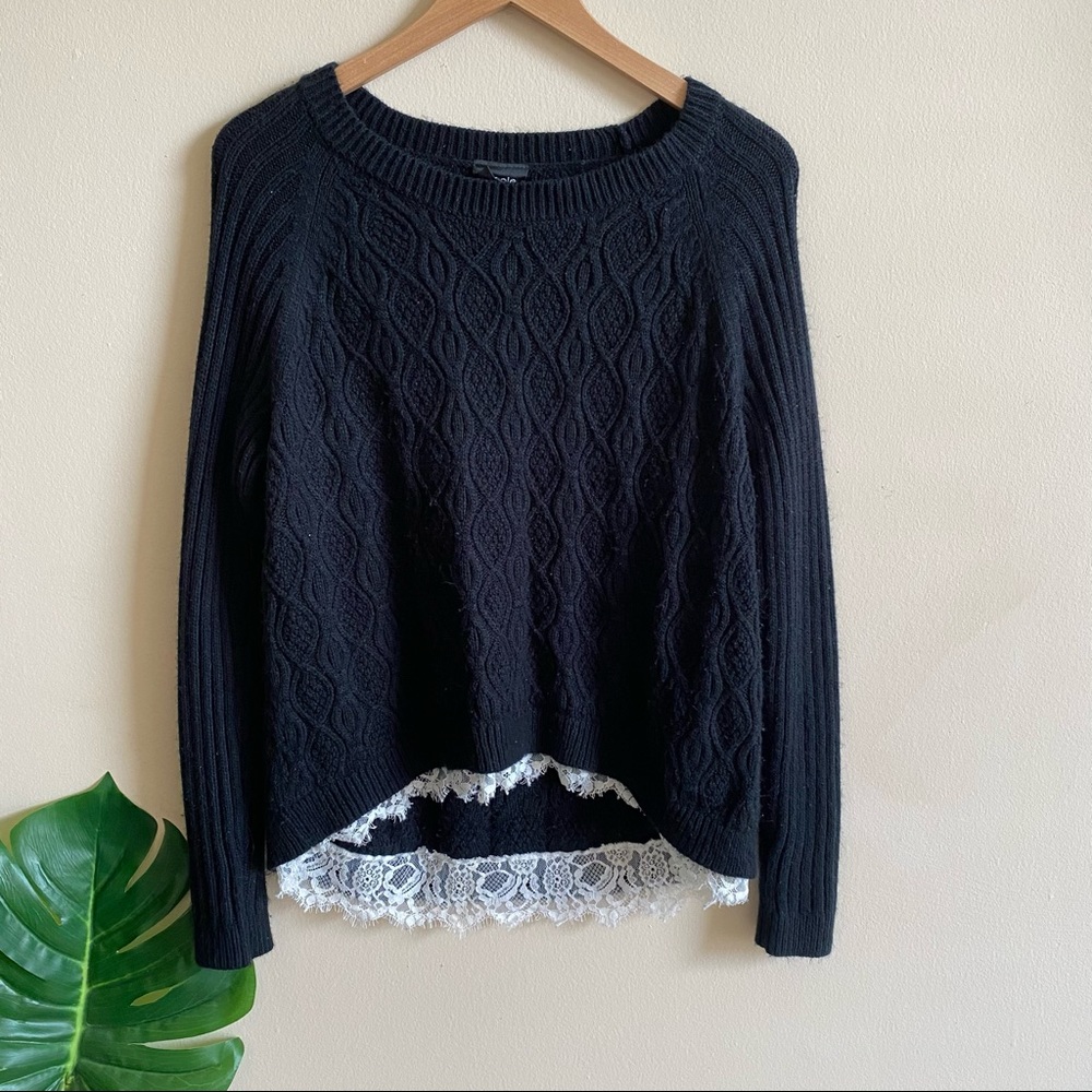 Nicole By Nicole Miller Black Cable Knit Sweater with Lace Hem Size Large